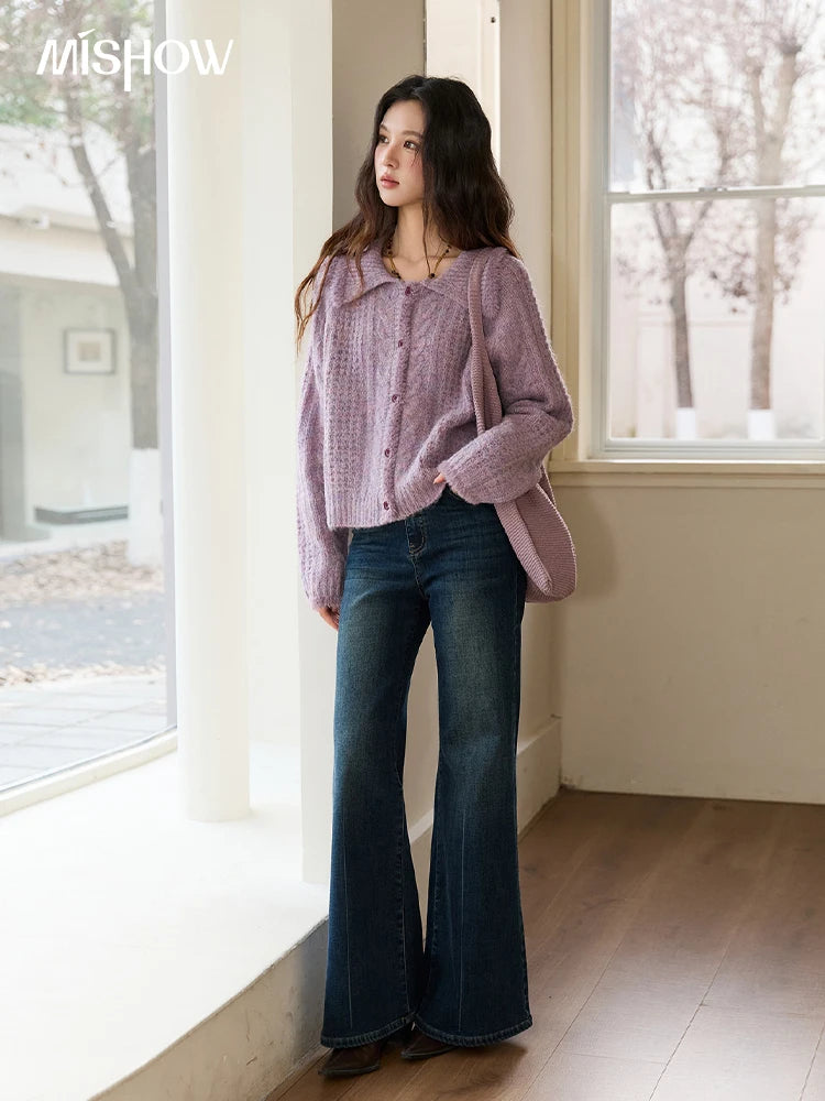 MISHOW Cardigans Ladies 2025 Winter Loose Retro Purple Turn-down Collar Imitation Mink Sweater Commute knit Top MXE88Z2616
