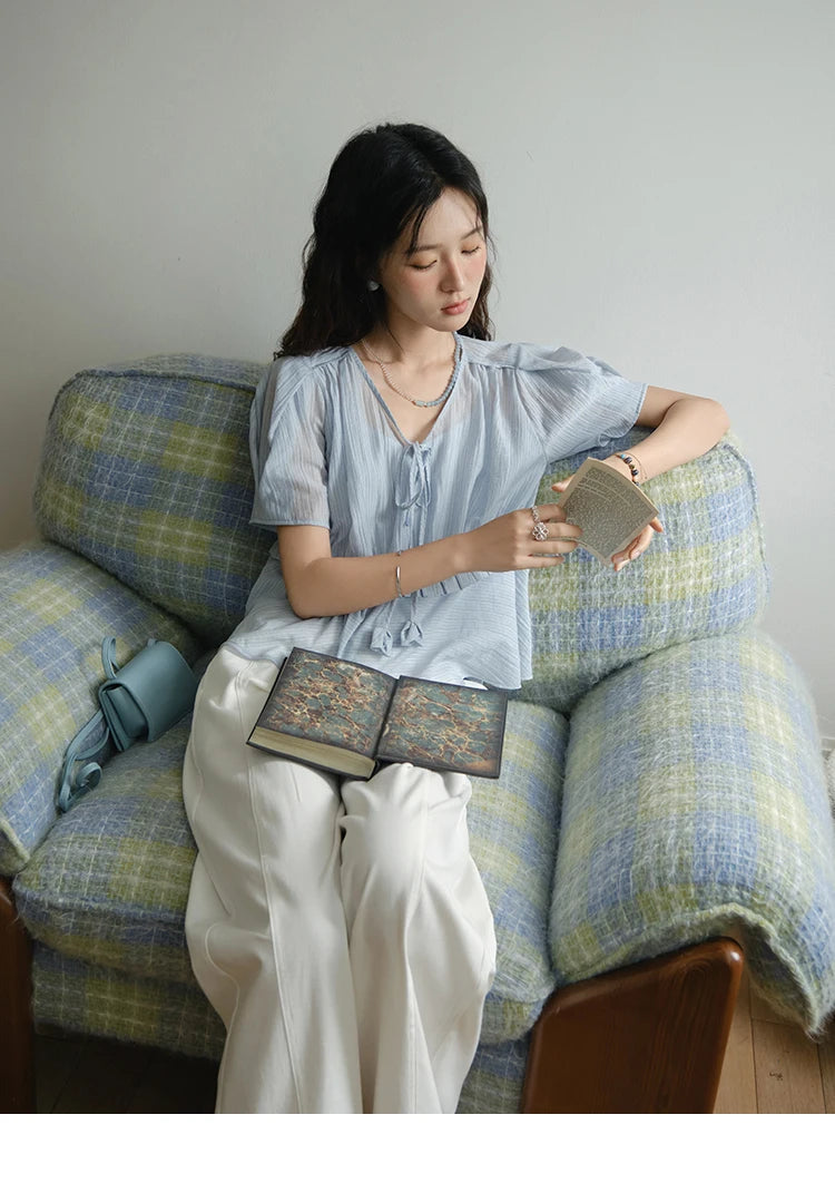 MISHOW Women's Fashion V-neck Blouse Summer 2025 New Splicing Button Commut Ladies Lace Up Casual Short Sleeve Top MXE34X1821