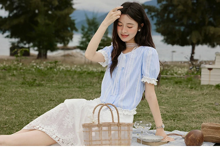 MISHOW French Striped Summer Blouses Women 2025 New Short Puff Sleeve Round Neck Lace Patchwork Shirts Fashion Tops MXE32X1759