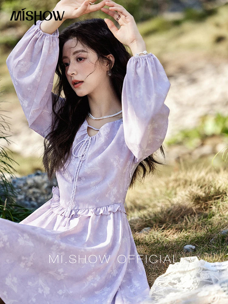 MISHOW Iris Chiffon Dress for Women Spring 2025 Waist Slim Black Fungus Edge Straps Dresses Purple Floral Fairy Dress MXE13L2095