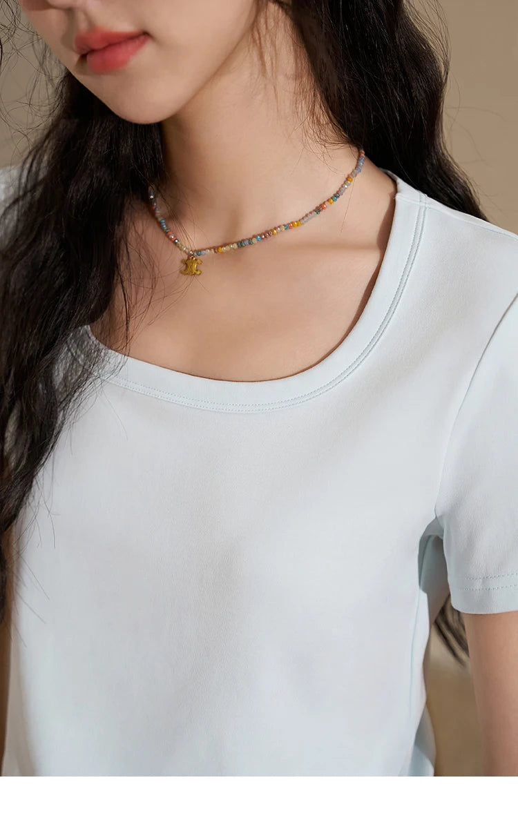 MISHOW Short Sleeve T-shirts Women Spring Solid Square-neck Top Elegant Woman Clothes Office Lady Cotton Tees MXC12T0641