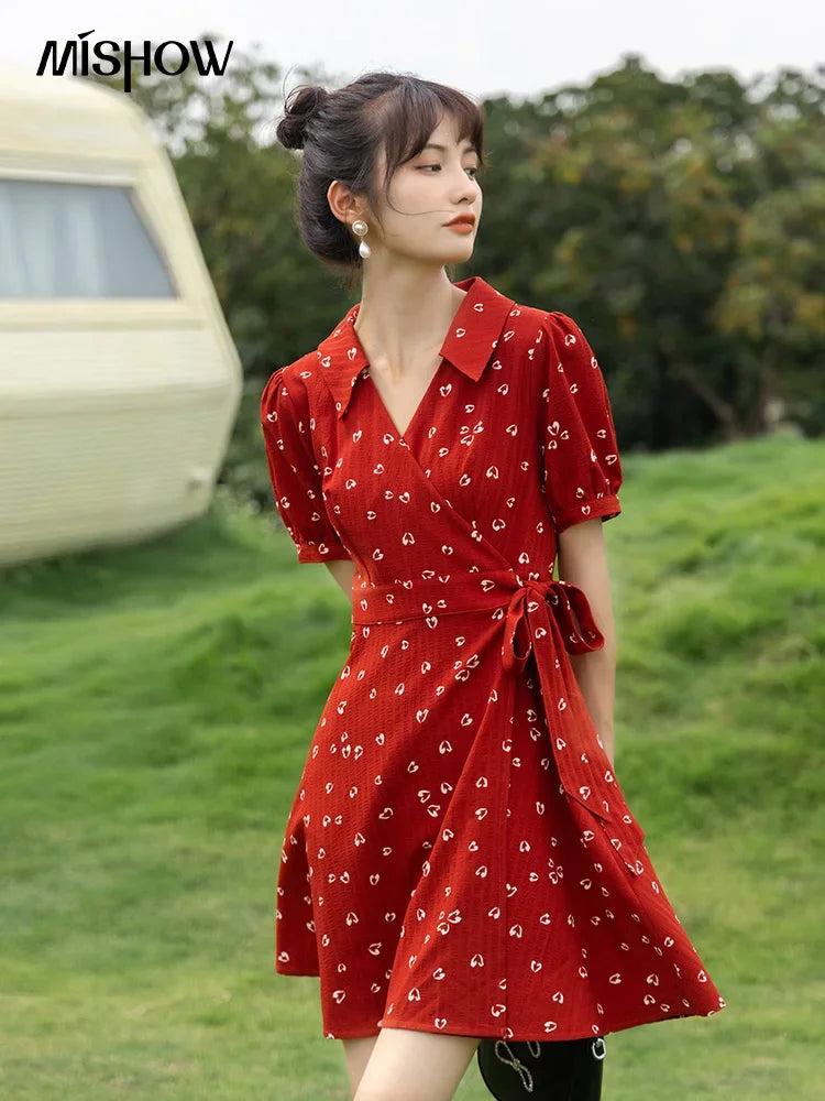 MISHOW Red Dresses For Women Summer French Hepburn One Piece V-neck Chiffon A-shape Floral Holiday Midi Dresses MXA29L0356