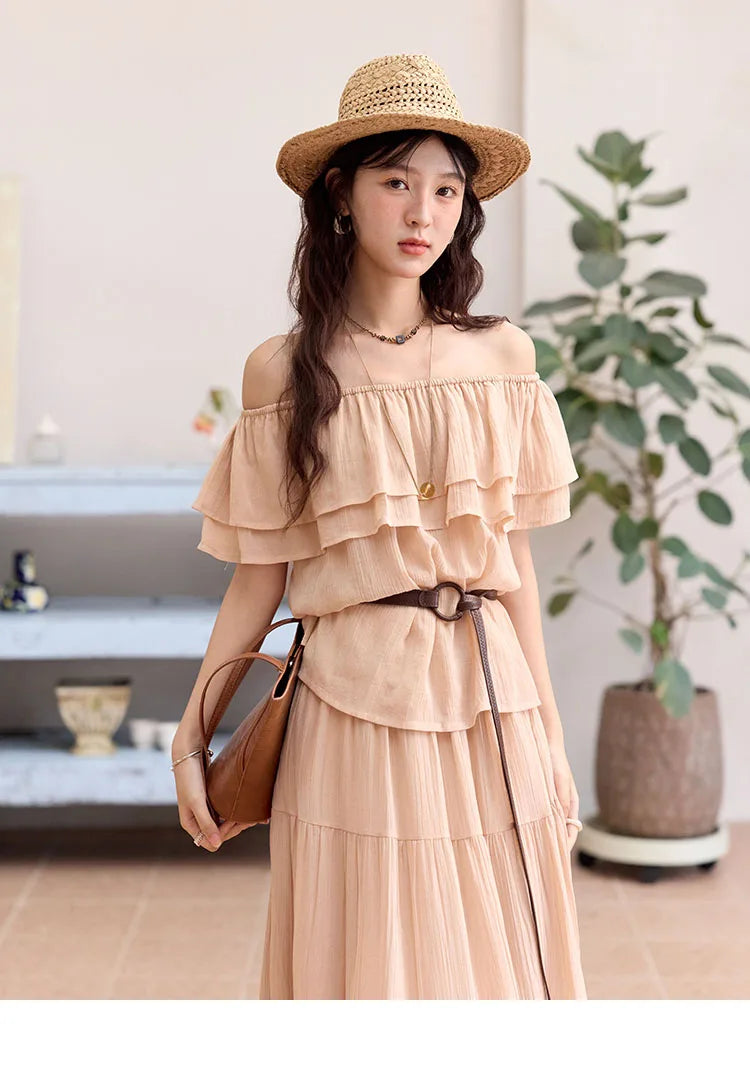 MISHOW Women Fashion Two-Piece Set 2025 Summer Loose Lotus Leaf Edge Off Shoulder Top Elastic Waist Skirt Ladies Set MXE36T0637