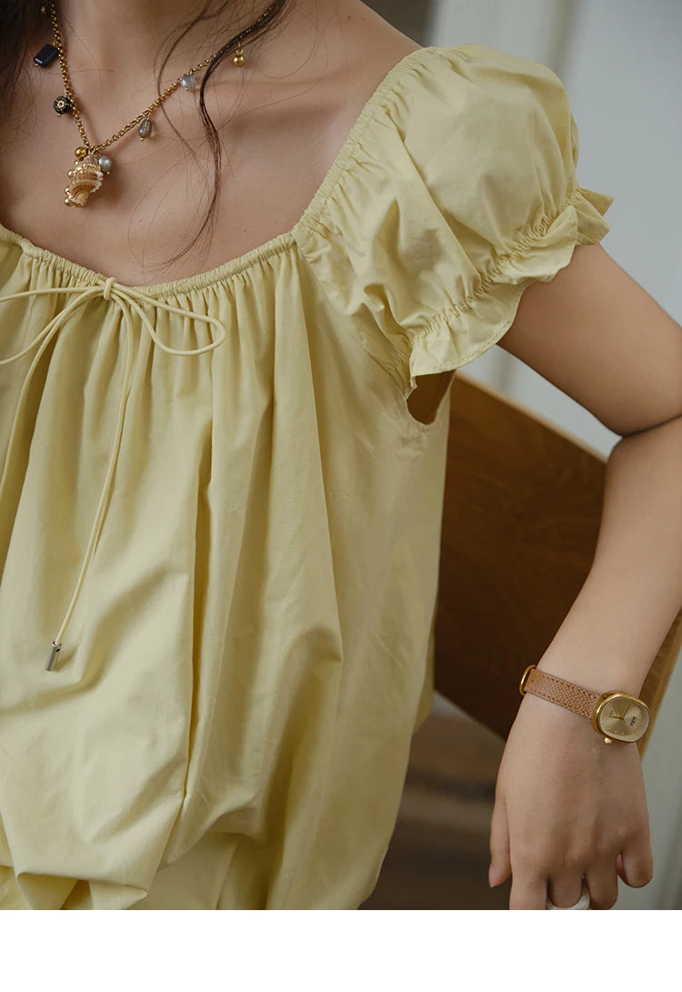 MISHOW 100% Cotton Blouse for Women 2025 Summer New Fashion Puff Sleeve Casual Commute Lace Up Top Ladies Clothing MXE37X1893