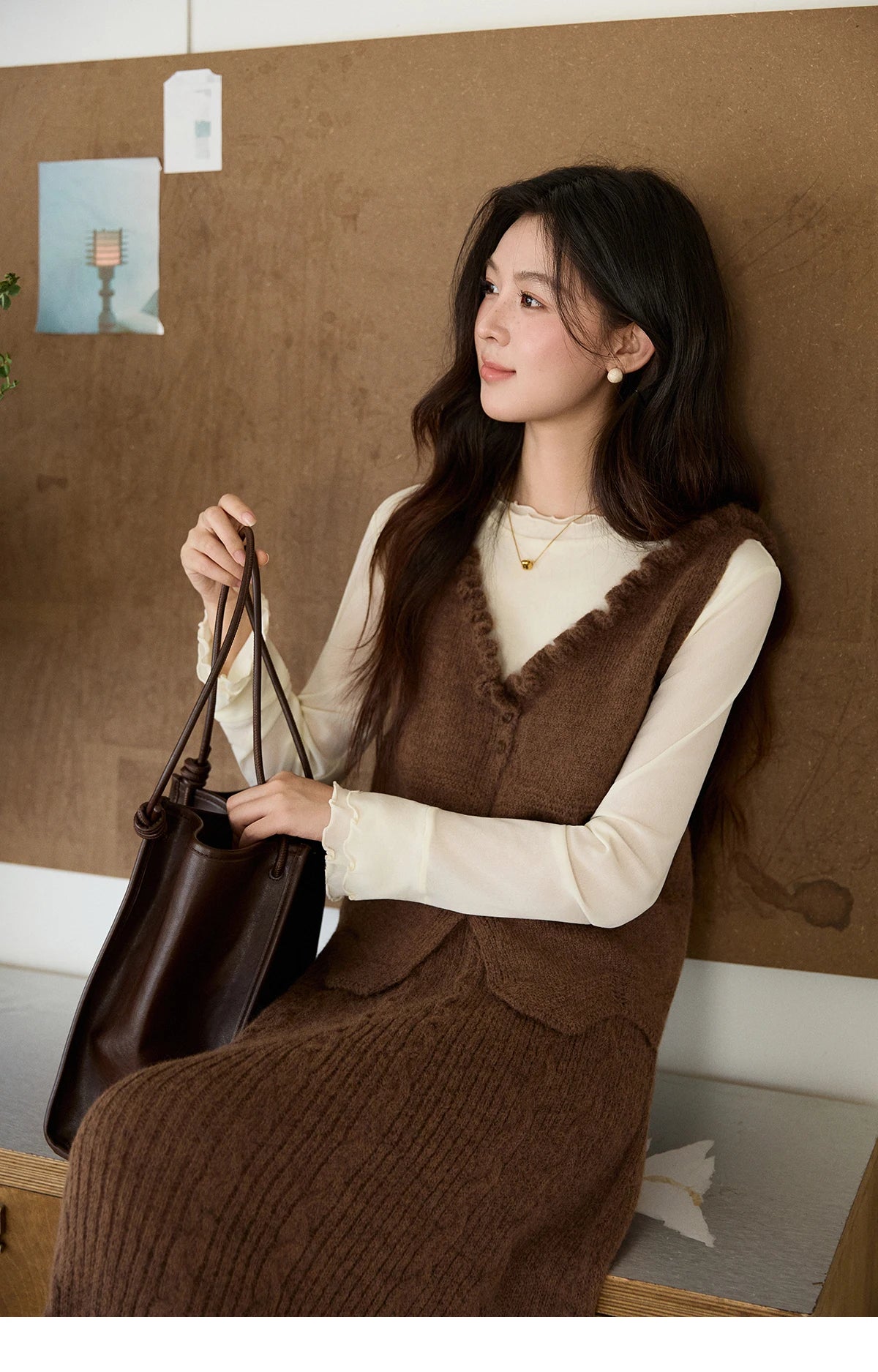MISHOW Women's Brown Two-Piece Set 2026 Spring Knitted Vest V-Neck Cable Knit Maxi Skirt Casual Retro Warm Outfit MXF11T1460