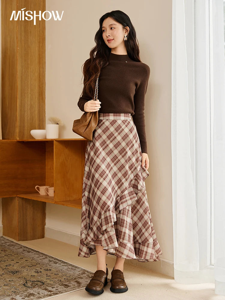 MISHOW Retro Plaid Skirt for Women Autumn 2025 Irregular Ruffle Edge Mid Length Skirt Women Back Elastic Waist Skirts MXE43B2396