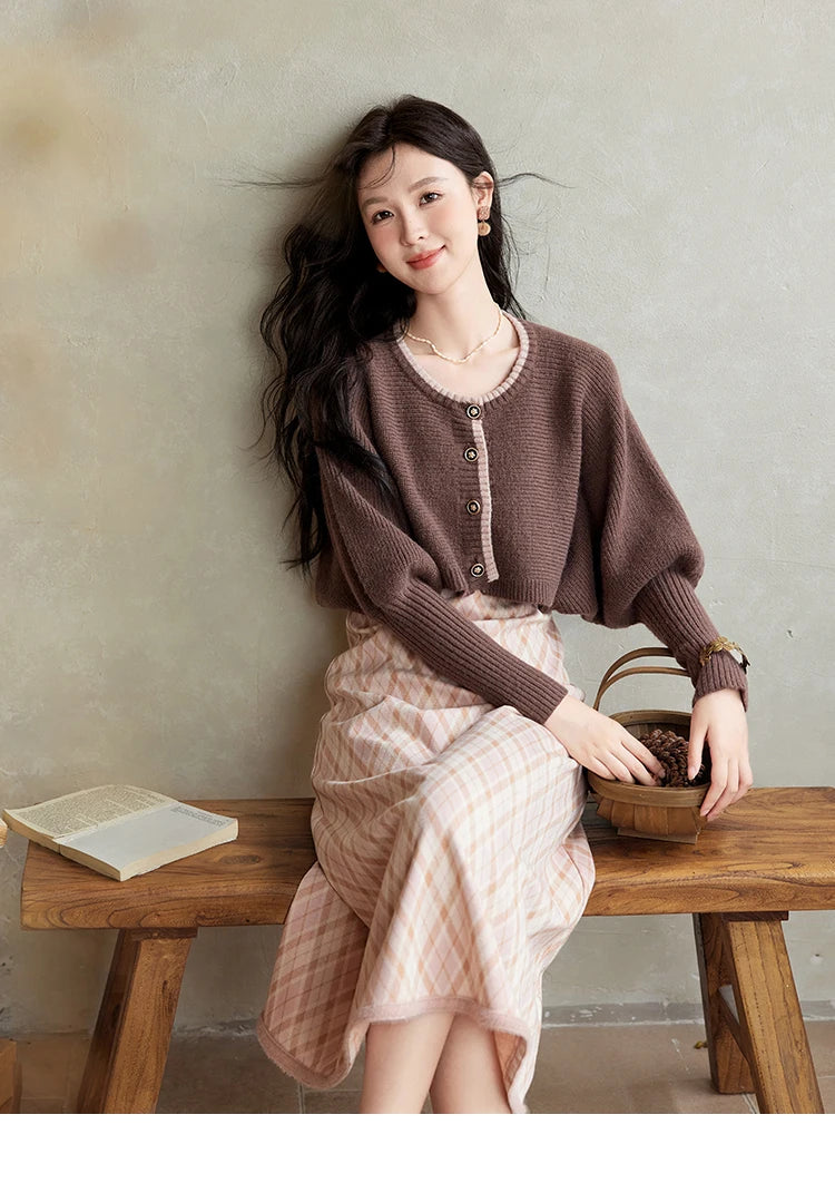 MISHOW French Vintage Dress O Neck Knitted Cardigan Separately Women Sweet Knitted Short Sweater Plaid Camisole Dress MXD43L2012