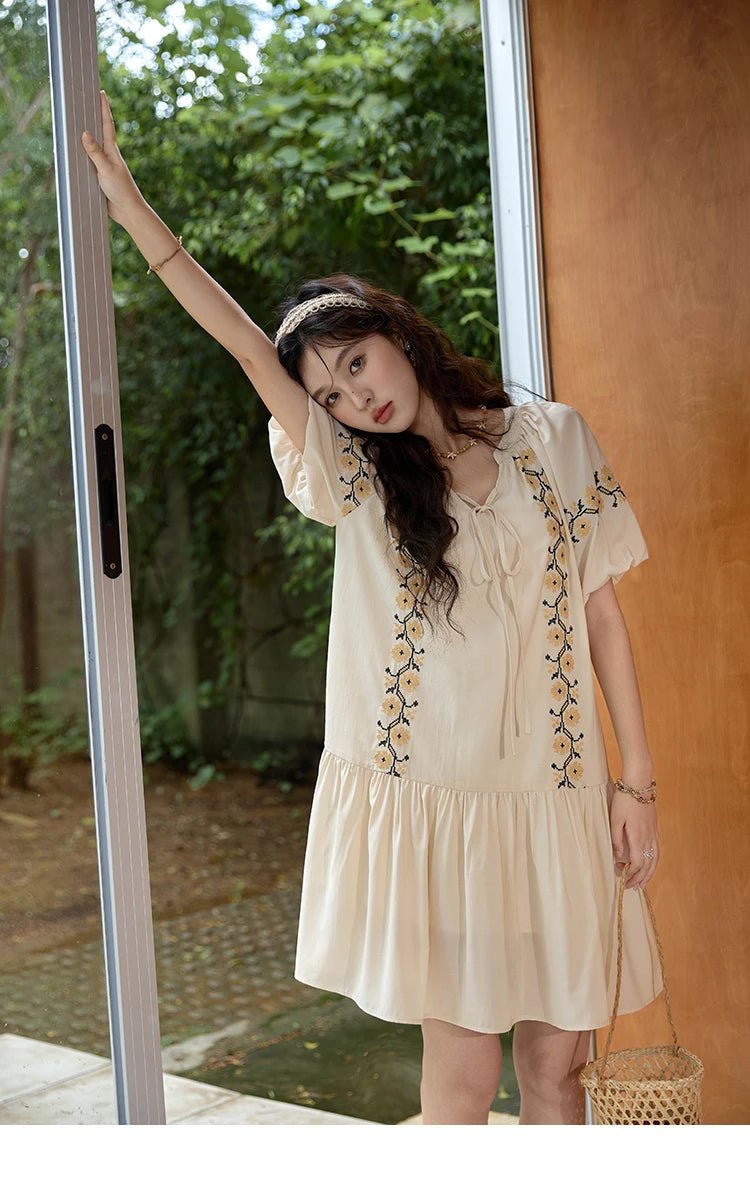 MISHOW Women's Ethnic Dress 2024 Summer Korean Sunflower Embroidery Puff Sleeve Dress V Neck Lace-up Doll Dresses MXD30L1959