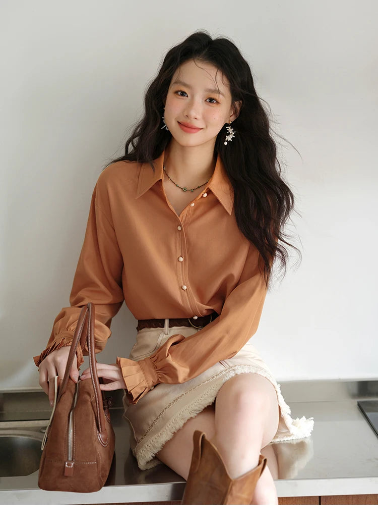 MISHOW Women's Shirts 2025 Autumn Color Blocking Buttons Pleated Cuffs Loose Top Female Solid Lapel Commuting Shirts MXE41C2352