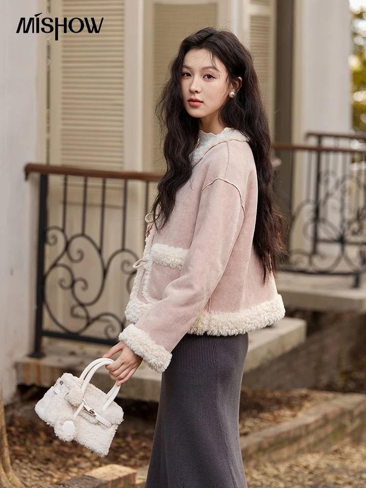 MISHOW Double Face Fur Coat For Women 2024 Winter Sweet Korean Vintage Suede Splicing Fleece Warm Thickened Jacket MXD55W0646
