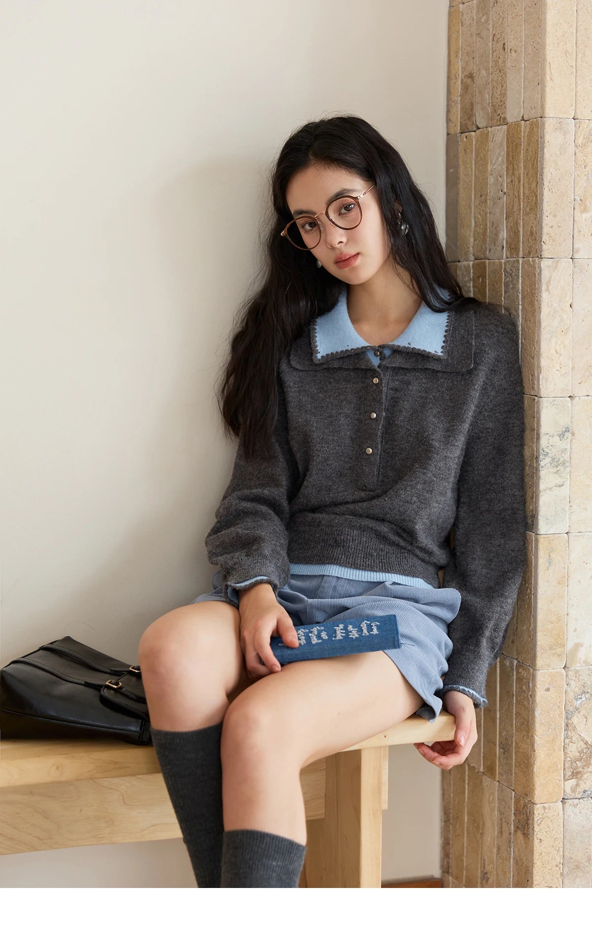 MISHOW Elegant Women's Sweaters 2025 Autumn Designer Knitted Double-layer Turn-down Collar Loose Long Sleeves Tops MXE45Z2502