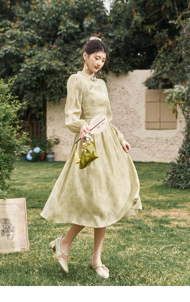 MISHOW Retro Chinese Improved Cheongsam Dress 2024 Spring Chiffon Printing Green Puff Sleeve Stand Neck Waist Dresses MXD14L1767