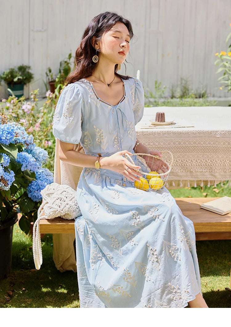 MISHOW Blue Square Neck Bubble Sleeve Dress for Women Summer 2025 Waist Vacation 100 Cotton Embroidered Long Dress MXE35L2234