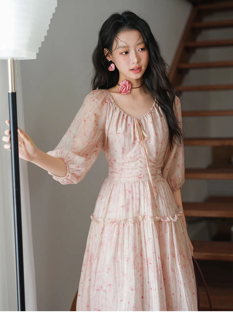 MISHOW Korean Women's Floral Pink Dress Autumn Convertible V Neck Off Shoulder Bubble Sleeves Elastic Waist Dresses MXE41L2479
