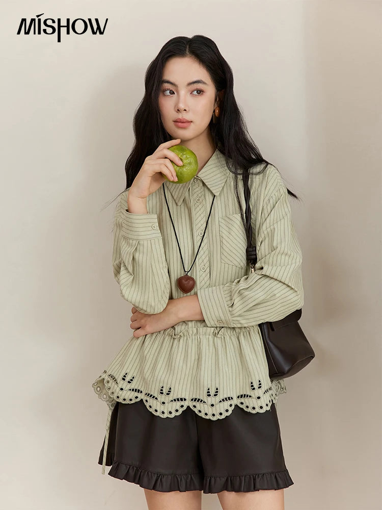 MISHOW Green Striped Shirt for Women 2025 Autumn New Fashion Design Embroidery Loose Casual Tops Commuting Shirt MXE49C2414