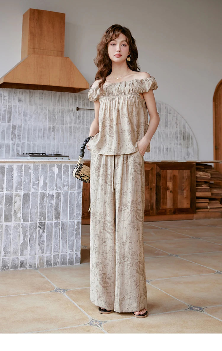 MISHOW Ink Printing Slash Neck Top Wide Leg Trouser Separately Summer Elastic Waist Pants Folds Chiffon Office Lady MXC39X1298