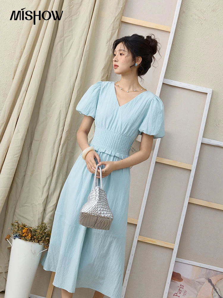 MISHOW French Summer Dresses Women 2025 New Short Puff Sleeve V-neck Solid Cotton Blended Dress Female Slimming MXE34L2288