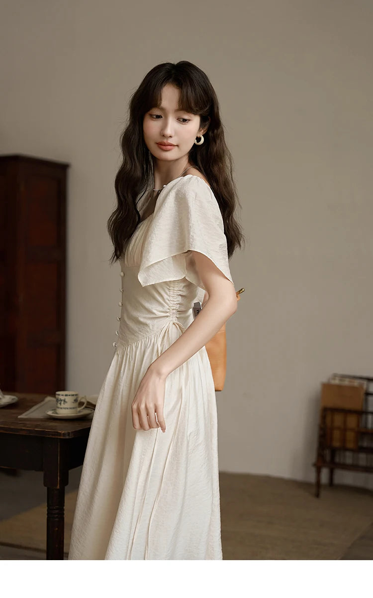 MISHOW Women's Elegant Dress 2023 Summer French A-LINE Butterfly Sleeve Square Collar Solid Lace-up Waist Dresses MXC38L1407