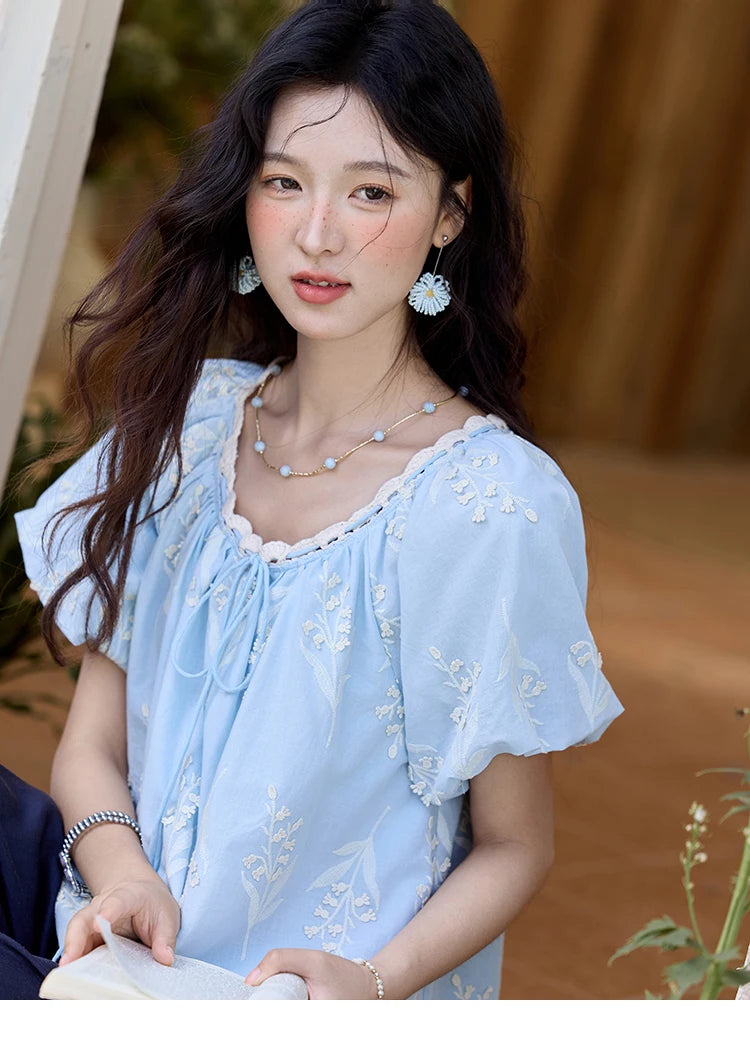 MISHOW Blue Pure Cotton Embroidered Blouses 2025 Summer Wave Edged O-neck Tops Contrasting Lace Up Loose Doll Blouses MXE35X1791