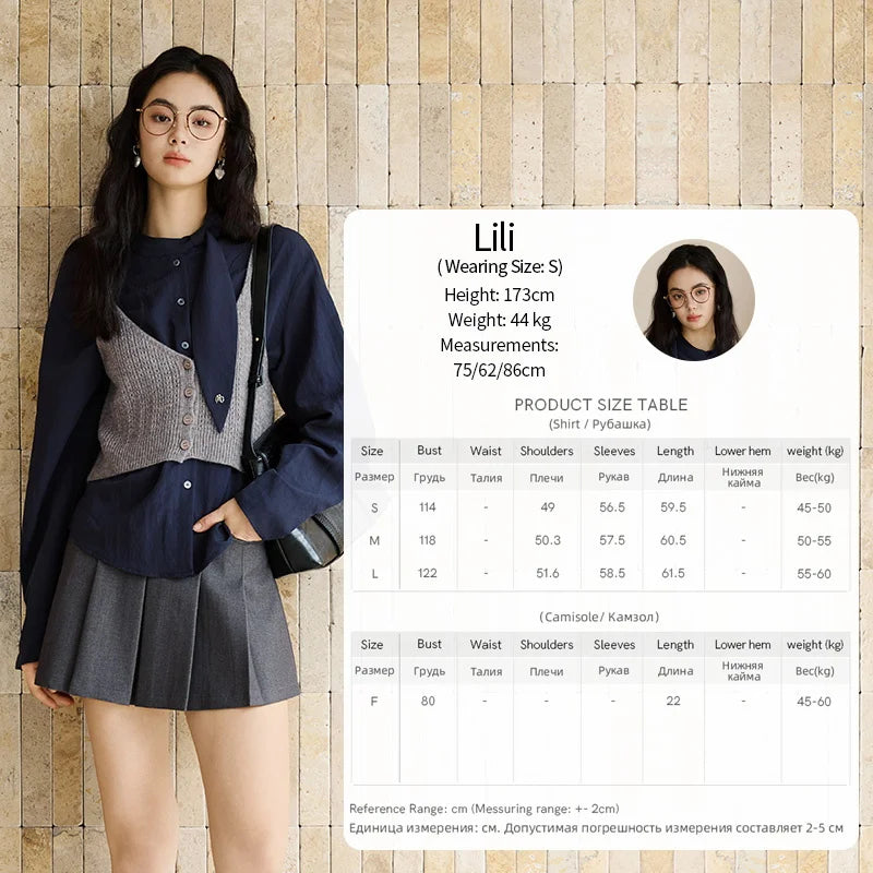 MISHOW Woman Shirt Set 2025 Autumn Fashion New Navy Blue Ribbon Design Layered Shirt Knit Camisole Two-piece Suit MXE47T1412