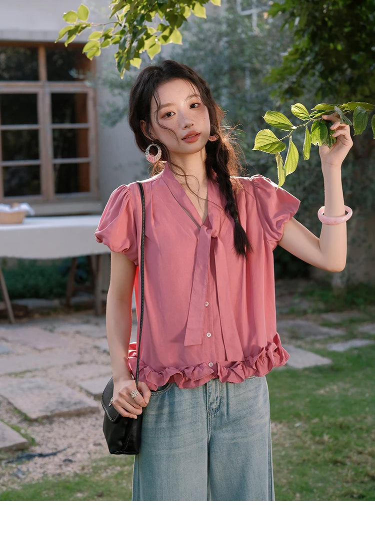 MISHOW Women's Summer V-neck Blouse 2025 New Fashion Puff Sleeve Lace Up Button Sweet Top Casual Female Clothing MXE38X1914