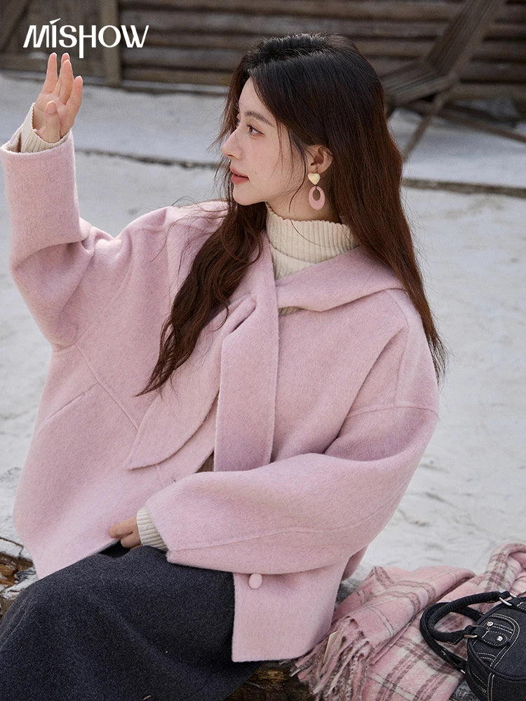 MISHOW Pink Wool Double-sided Woolen Coat Winter Hooded Bow Tie Strap Coats Loose Dropped Sleeves Coat Office Lady MXE91W1010