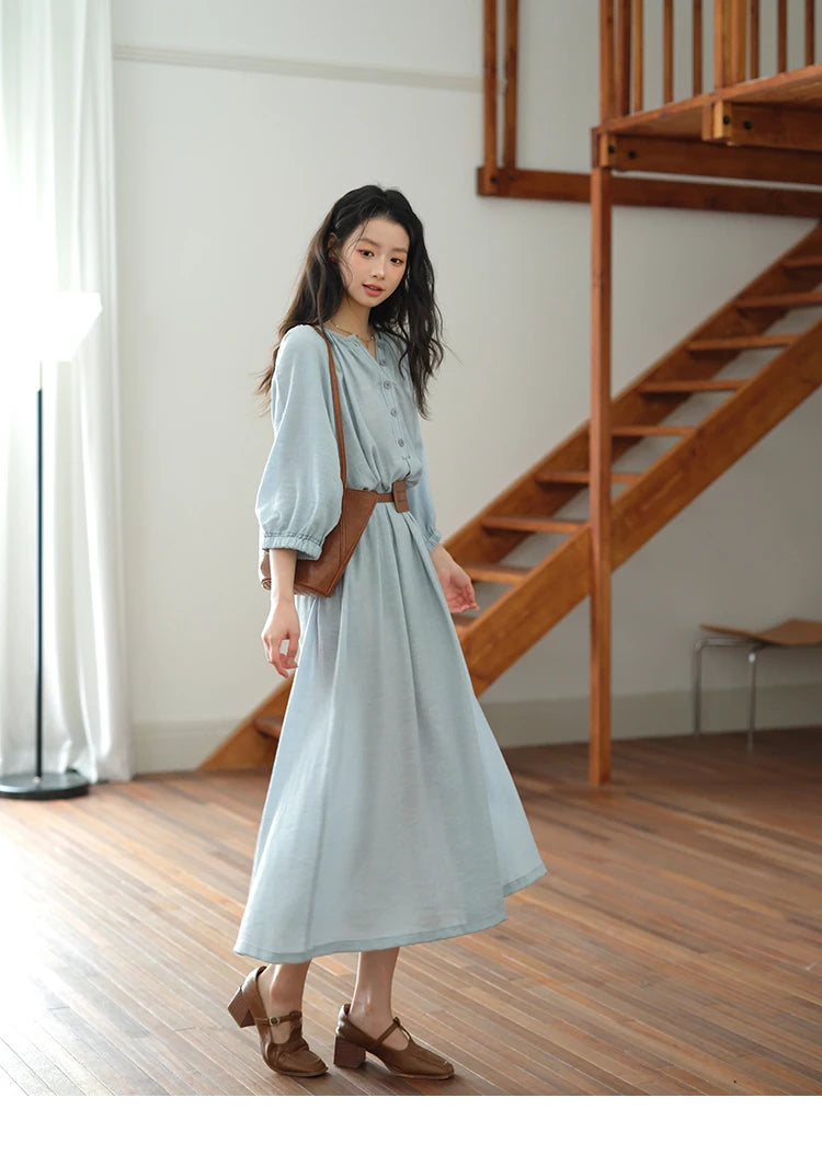 MISHOW Women's Half Sleeve Button Bamboo Knot Dress with Bohemian Belt 2025 Autumn Blue Long Dress Ladies Clothing MXE20L2468