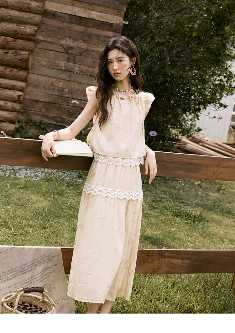 MISHOW Sweet Summer Skirt Sets Women New 2025 Short Flying Sleeve Round Neck Tops Hollow Embroidery A-line Skirt Lady MXE33T0545