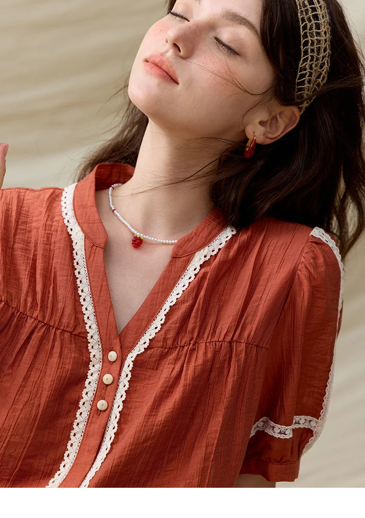 MISHOW French New Blouses Women Summer New 2025 Short Sleeve V-neck Color Matching Shirts Female Fashion Lazy Style MXE31X1766