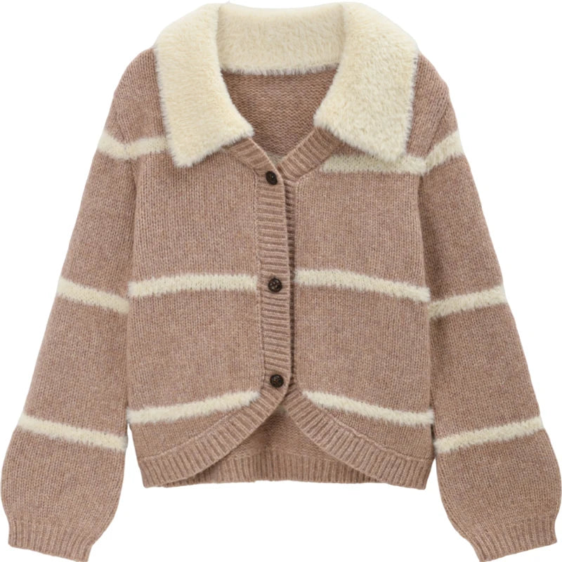 MISHOW Woman Knitted Cardigan 2025 Winter Sweet Style Faux Mink Turn-down Collar Striped Stitching Sweater Commute MXE89Z2668