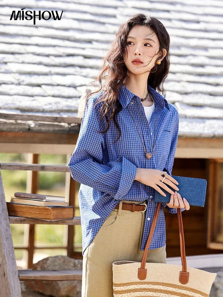 MISHOW Fashion Retro Blue Checkered Shirt Women's Autumn New Loose Casual Lapel Cotton Shirts Long Sleeves Tops Women MXE11C0398