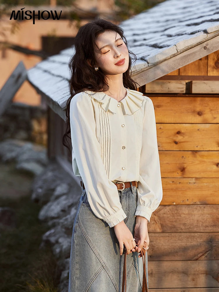 MISHOW French Tucker Pleats Doll Neck Shirt for Women 2025 Spring Straight Shirt Ruffled O Neck Shirts Office Lady MXE12C0401