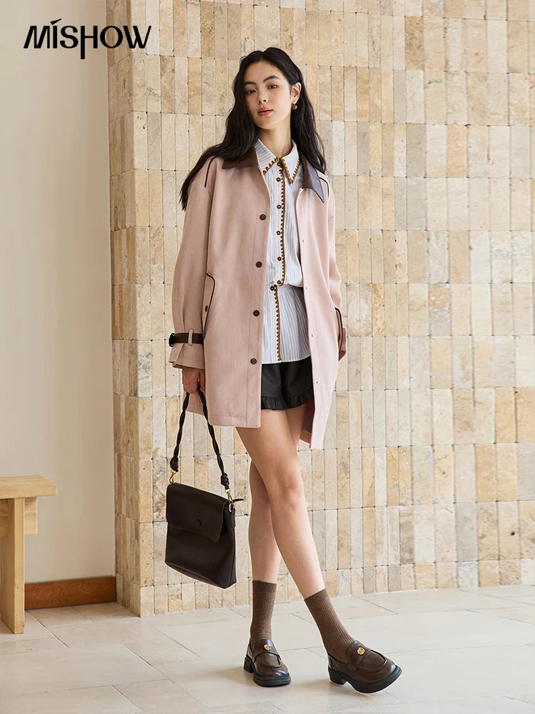 MISHOW Pink Jacket for Women 2025 Autumn New Commute Sweet Style Turn-down Collar Long Sleeve Mid-length Jacket MXE45W0845