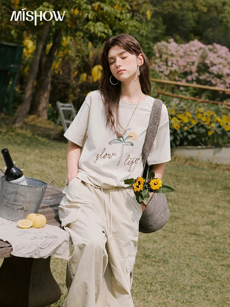 MISHOW Casual Summer Print Shirts Women 2025 Short Sleeve Round Neck Coconut Tree Straight T-shirts Woman Versatile MXE31T0520