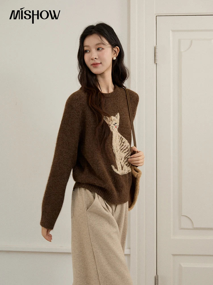 MISHOW Women's Brown Knitted Sweater 2025 Autumn Winter Cat Pattern Jacquard Crew Neck Sweaters Loose Pullover Tops MXE94Z2991