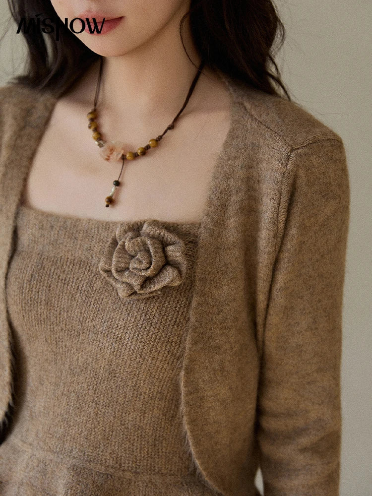 MISHOW Khaki Knitted Three-Piece Winter Set for Woman RetroThree-Dimensional Floral Camisole Cardigan Wide-Leg Pants MXE87T1449