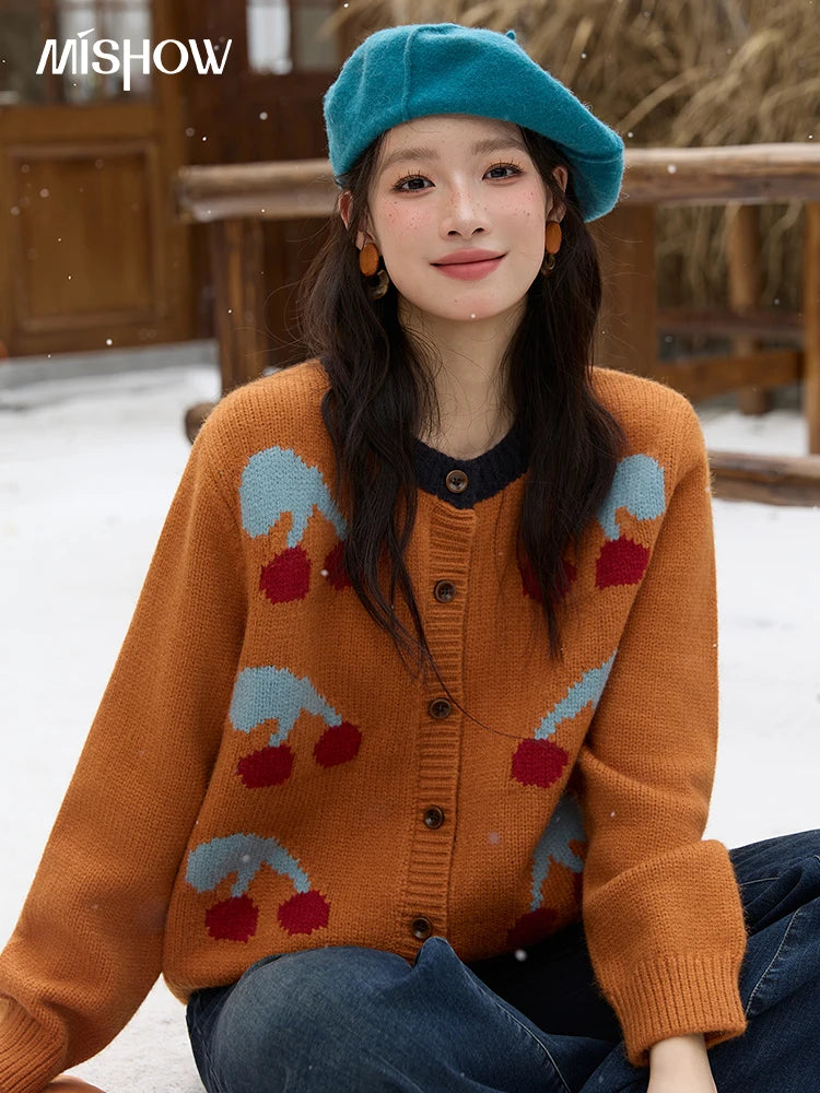 MISHOW Cherry Jacquard Knitted Cardigan for Women 2025 Winter Retro Sweet Round Neck Long Sleeves Sweater Commute Top MXE88Z2689