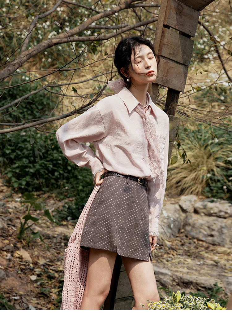 MISHOW French Spring Blouses Women 2025 New Long Sleeve Turn-down Collar Loose Shirts Female Fashion Lace Casual Tops MXE16C0760