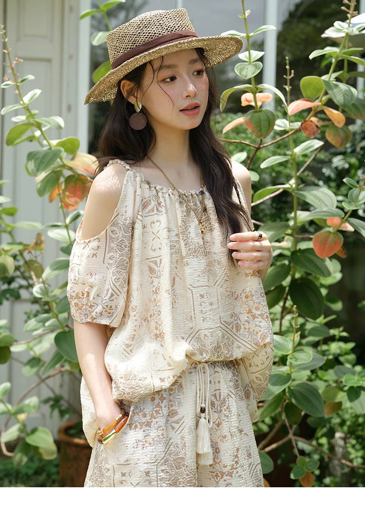 MISHOW Women's Two Piece Set 2025 Summer New Casual Bohemian Print Top Beaded Tassel Drawstring Pocket Shorts Set MXE39T0723