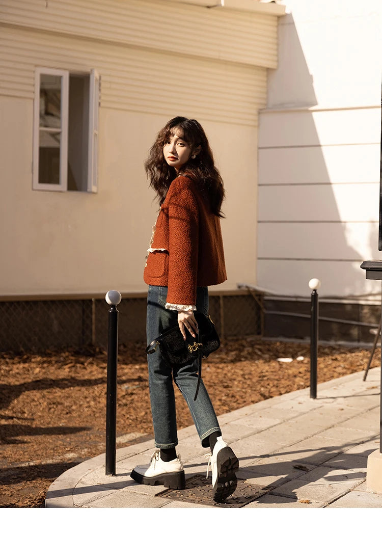 MISHOW Wool Coat for Women Winter Korean Retro Lace Splicing Lamb Wool Button Pockets Thickened Warm Female Coat MXB43W0720