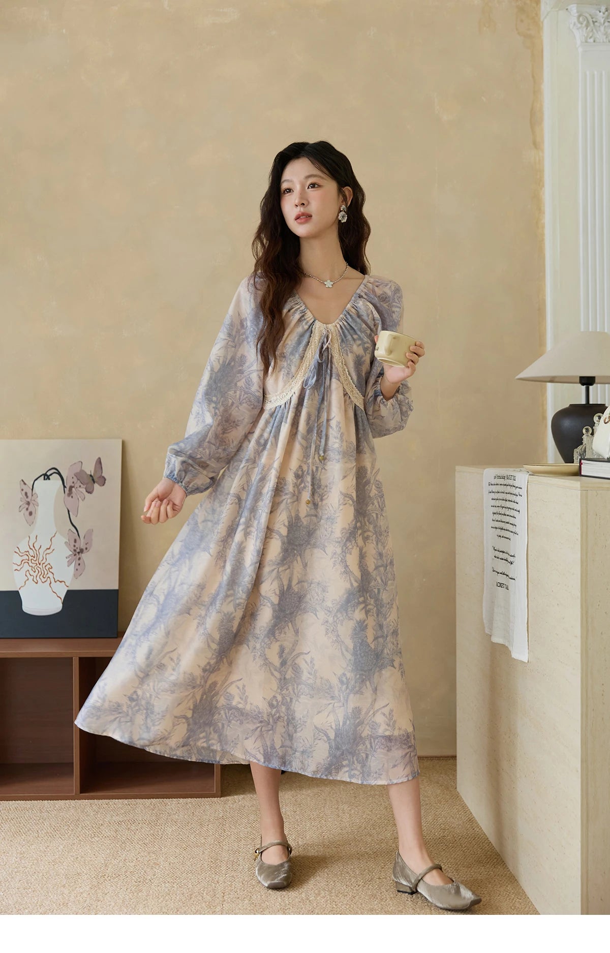 MISHOW Woman Elegant Dress 2025 Autumn Romantic Blue Floral Dress Lace Panel Drawstring A-line Long Dress Autumn MXE45L2507