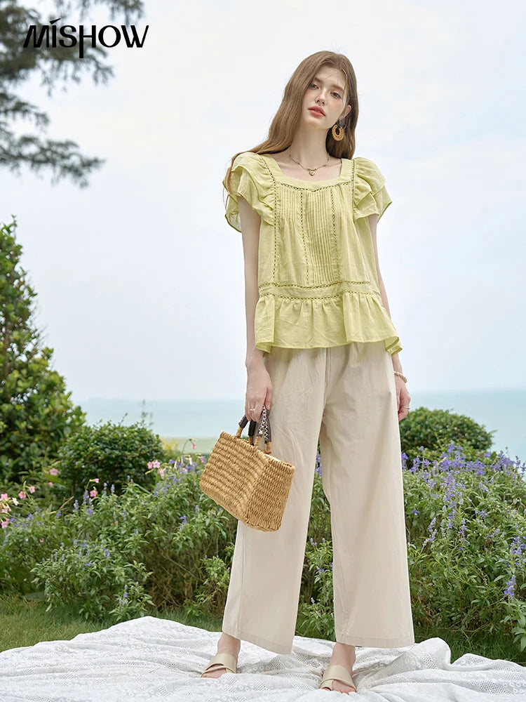 MISHOW Korean Lace Hollowed Out Flying Sleeve Blouse for Women 2024 Summer Square Neck Doll Shirt Casual Top MXD30X1574