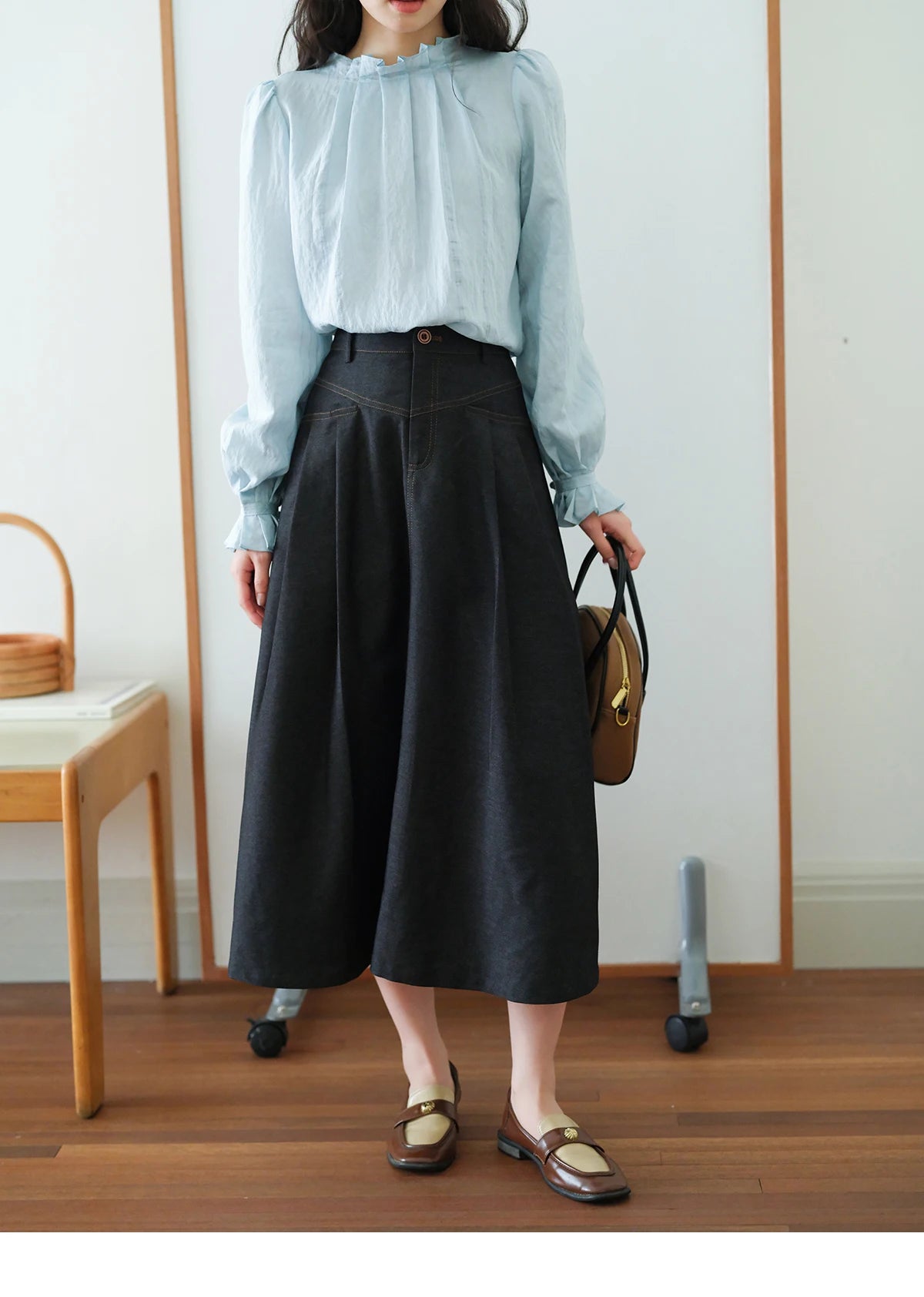 MISHOW High Waist Pleated Umbrella Denim Skirt 2025 Autumn A-LINE Deep Blue Skirts Female One Button Casual Skirts MXE41B2372