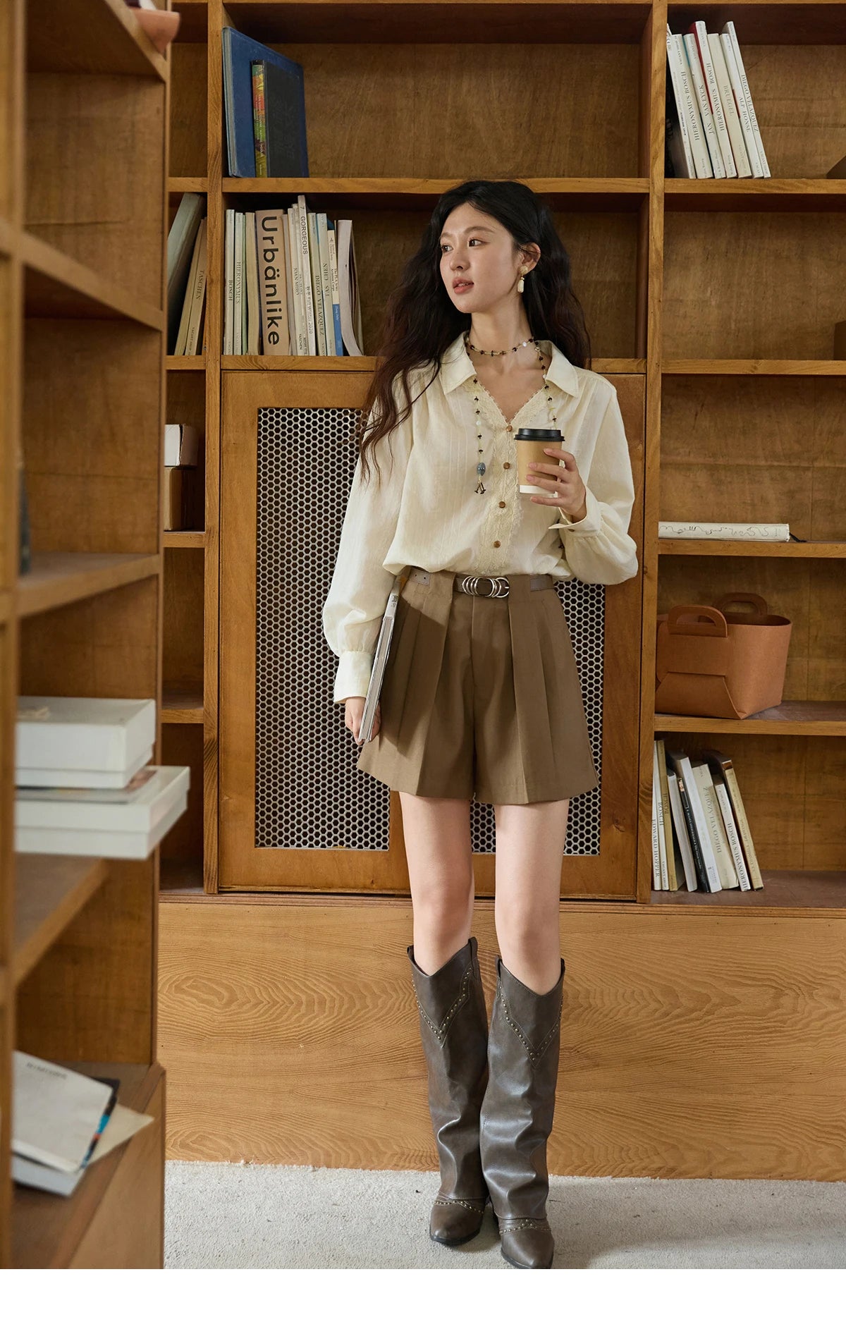 MISHOW Women's French V Neck Lace Panels Shirts 2025 Autumn Elegant Long Sleeve Apricot Top Office Chic Loose Shirt MXE43X2474