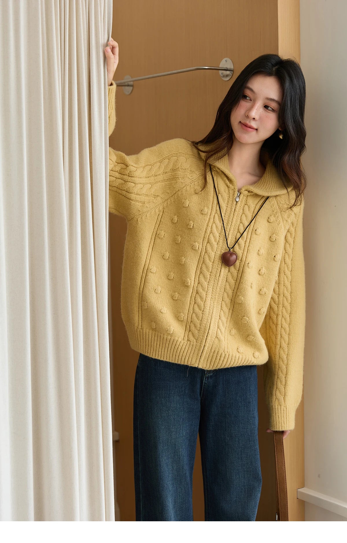 MISHOW Zipper Knit Cardigan Women 2025 Winter Yellow Turn-down Collar Loose Thick Sweater Luxury Comfort Casual Top MXE49Z2619