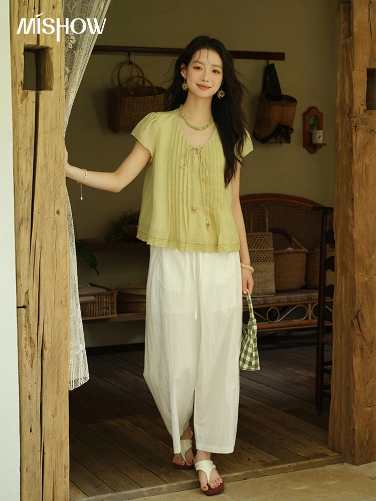 MISHOW V-Neck Lace Up Blouse Flying Sleeve Lace MXE37X1855