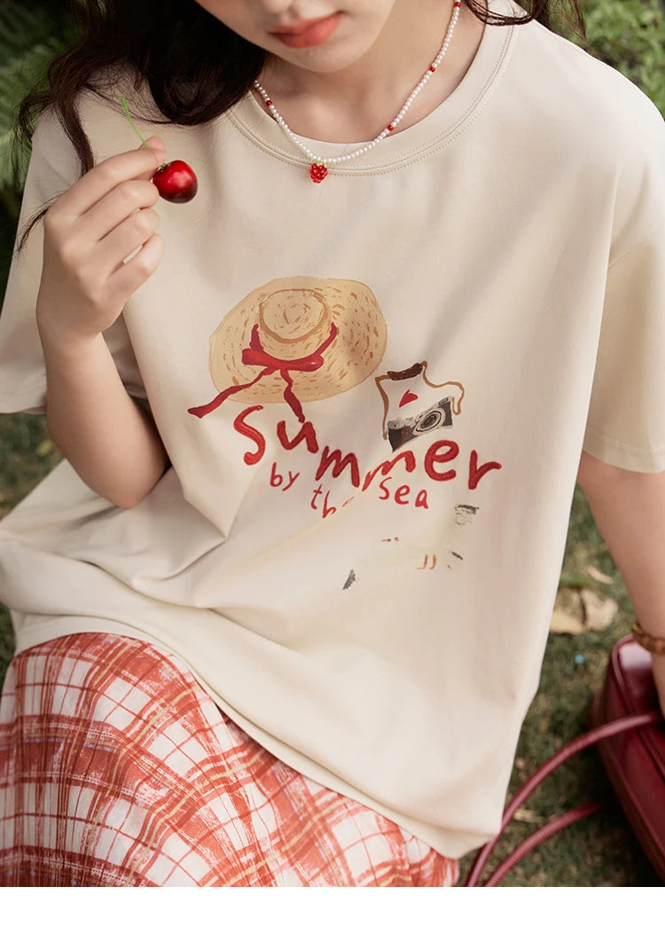 MISHOW Women's Print T-shirt 2025 Summer New Loose Casual T-shirt Ladies Round Neck Short Sleeve Tee Female Clothing MXE34T0559