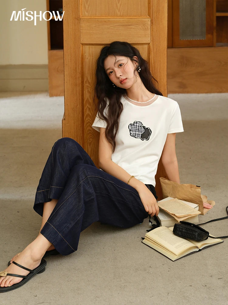 MISHOW Lace Edge Splicing Short Sleeve T-shirt for Women 2025 Summer Female Round Neck Simple Top Women's Clothing MXE38T0630