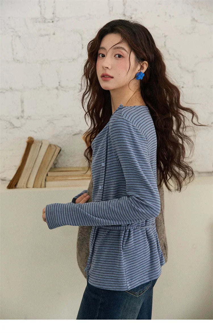 Mishow Retro Crew Neck Tie-Up Striped Top MXE87Z2700