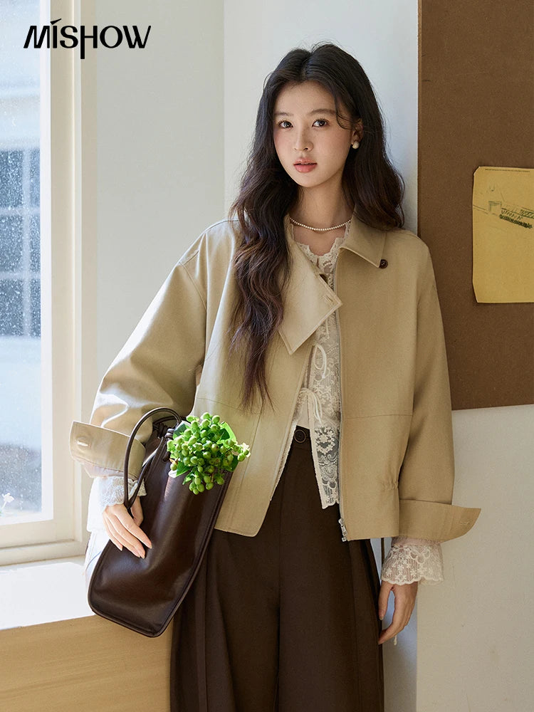 MISHOW Women's Khaki Cropped Jacket 2026 Spring Asymmetrical Collar Drawstring Waist Short Jackets Casual Loose Coat MXF11W1029
